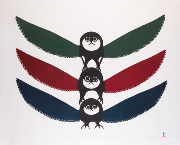 Lot 27 OHOTAQ MIKKIGAK (1936-2014) KINNGAIT (CAPE DORSET) Totem of Owls, 2000 #27 stonecut, 24.5 x 30 in (62.2 x 76.2 cm) ESTIMATE: $400 — $600 PRICE REALIZED: $268.40