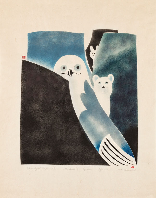 Lot 13 OSUITOK IPEELEE, R.C.A. (1922 or 1923-2005) KINNGAIT (CAPE DORSET) Eskimo Legend: Owl, Fox and Hare/Owl, Fox and Hare Legend, 1958 (1959 #21) sealskin stencil, 24 x 18 in (61 x 45.7 cm) ESTIMATE: $15,000 ⁠— $25,000 PRICE REALIZED: $40,800.00