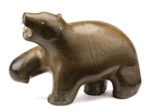 Lot 82 PAUTA SAILA, R.C.A. (1916-2009) KINNGAIT (CAPE DORSET) Roaring Bear, c. 1968 stone and antler, 9 x 12.5 x 6 in (22.9 x 31.8 x 15.2 cm) ESTIMATE: $20,000 — $30,000 PRICE REALIZED: $57,600.00