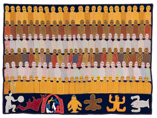 Lot 36 MARION TUU'LUQ, R.C.A. (1910-2002) QAMANI'TUAQ (BAKER LAKE) Crowd of People, 1974 wool stroud, felt, and embroidery floss, 52 x 70.5 in (132.1 x 179.1 cm) ESTIMATE: $50,000 — $80,000 PRICE REALIZED: $240,000.00