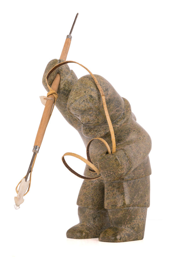 Lot 72 PALAYA QIATSUK (1965-) KINNGAIT (CAPE DORSET) Hunter with Harpoon, 1990s/2000s stone, wood, leather, antler, metal, and string, 11.75 x 5.5 x 8.25 in (29.8 x 14 x 21 cm) ESTIMATE: $400 &mdash; $600 PRICE REALIZED: $915.00