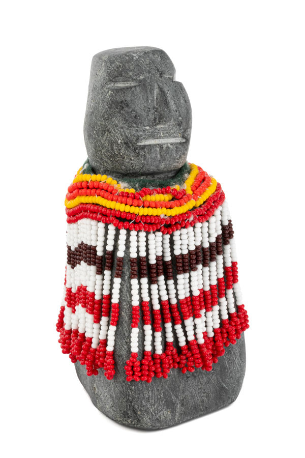 Woman in a Red, White, and Maroon Beaded Amautiq