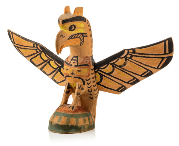Lot 57 CHARLIE JAMES (YAKUDLAS) (1867-1937 or 1938) KWAKWA̱KA̱ʼWAKW Thunderbird Figure, c. 1920s cedar wood and pigment, 6 x 9 x 3 in (15.2 x 22.9 x 7.6 cm) ESTIMATE: $800 — $1,200 PRICE REALIZED: $793.00