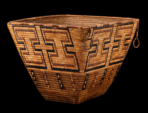 Lot 148 UNIDENTIFIED THOMPSON RIVER SALISH (NLAKA'PAMUX) ARTIST Burden Basket, 19th century cedar bark, cherry bark, natural and dyed bear grasses, and doe skin, 10 x 12.25 x 14.75 in (25.4 x 31.1 x 37.5 cm) ESTIMATE: $1,800 — $2,800 PRICE REALIZED: $1,680.00