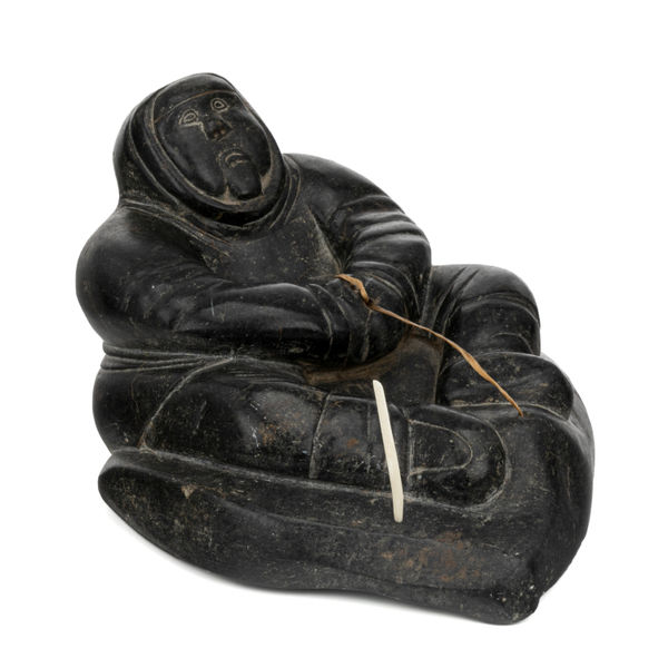 Lot 39 UNIDENTIFIED INUIT ARTIST, NUNAVIK (ARCTIC QUEBEC) Man Hunting at Seal Hole, c. mid-1960s stone, antler, and waxed string, 4.25 x 9.5 x 6.5 in (10.8 x 24.1 x 16.5 cm) ESTIMATE: $400 — $600 PRICE REALIZED: $170.80