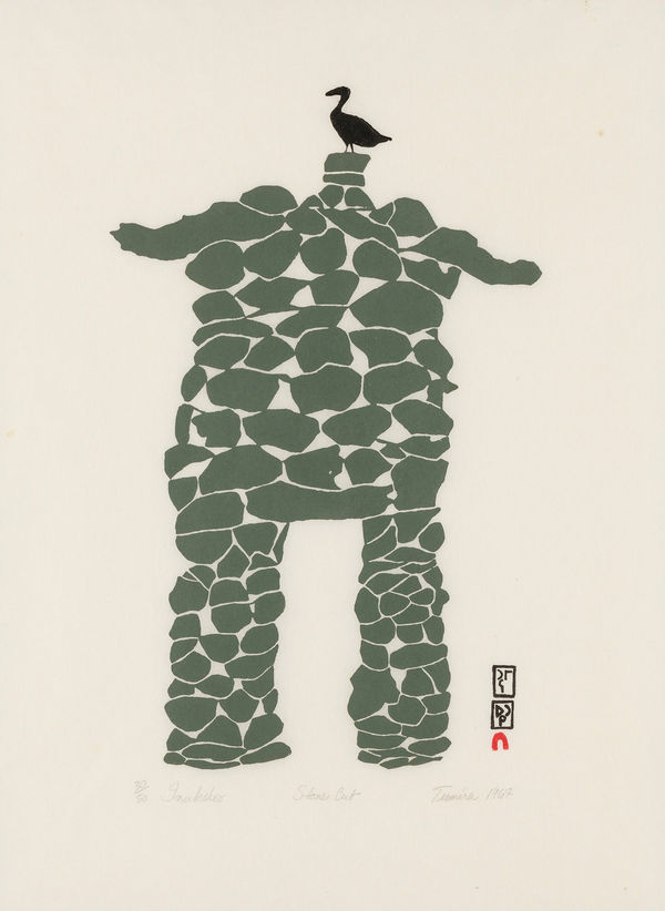 Lot 159 TUMIRA ASHOONA (1943-) KINNGAIT (CAPE DORSET) Inukshoo, 1964 (1964/5 #81) stonecut, 21.5 x 16 in (54.6 x 40.6 cm) ESTIMATE: $1,200 — $1,800 PRICE REALIZED: $960.00