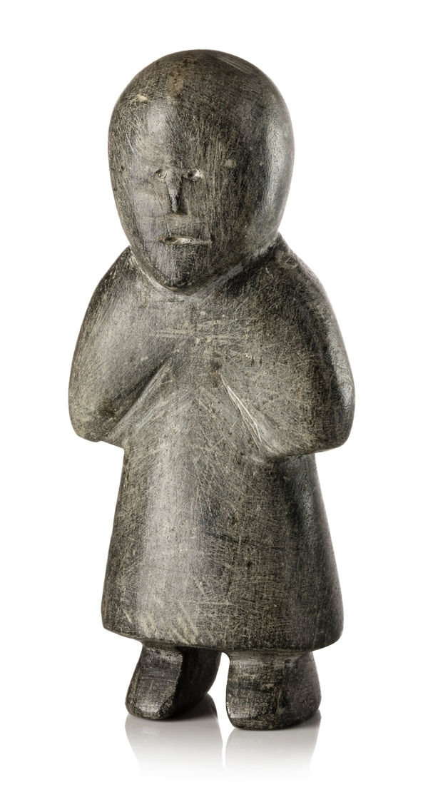 Lot 120 ATTRIBUTED TO MATEE ATANGAK TIKTAK (1916-D) KANGIQLINIQ (RANKIN INLET) Female Figure, c. 1959-60 stone, 3.5 x 1.5 x 1 in (8.9 x 3.8 x 2.5 cm) ESTIMATE: $2,000 — $3,000 PRICE REALIZED: $2,880.00
