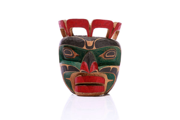 Lot 43 GEORGE HUNT JR. (1958-) KWAKWA̱KA̱ʼWAKW King of the Seal Mask, c. 1980s polychromed wood, 7 x 6 x 5.5 in (17.8 x 15.2 x 14 cm) PRICE REALIZED: $344.40