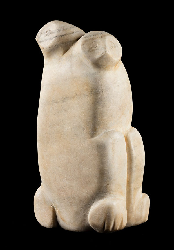 Lot 35 LATCHOLASSIE AKESUK (1919-2000) m., KINNGAIT (CAPE DORSET) Owl Couple, c. 1970-72 marble, 13.5 x 7 x 5.25 in (34.3 x 17.8 x 13.3 cm) ESTIMATE: $6,000 — $9,000 PRICE REALIZED: $5,760.00