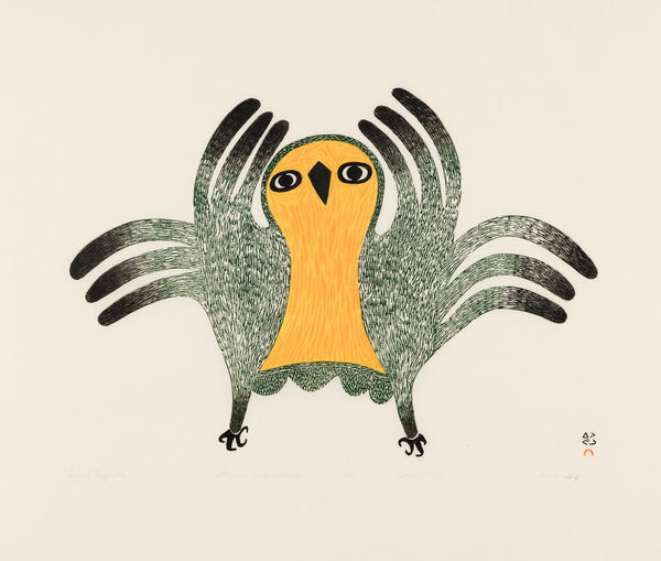 Lot 156 LUCY QINNUAYUAK (1915-1982) KINNGAIT (CAPE DORSET) Owl at Day Break, 1982 #24 Stonecut and stencil, 23 x 27 in (58.4 x 68.6 cm) ESTIMATE: $⁠1,200 — $1,800 PRICE REALIZED: $1,680.00