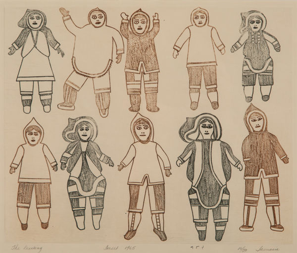 LOT 158 JAMASIE TEEVEE (1910-1985) KINNGAIT (CAPE DORSET) The Meeting, 1966 #10 engraving, sheet 10.5 x 12.5 in (26.7 x 31.8 cm) ESTIMATE: $400 — $600 PRICE REALIZED: $240.00