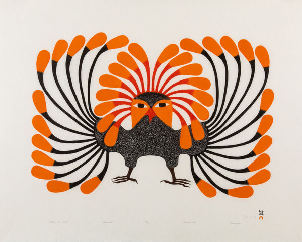 Lot 65 KENOJUAK ASHEVAK, C.C., R.C.A. (1927-2013) KINNGAIT (CAPE DORSET) Autumnal Owl, 1999 #9 stonecut on natural paper, 24 x 30.25 in (61 x 76.8 cm) PRICE REALIZED: $12,300.00