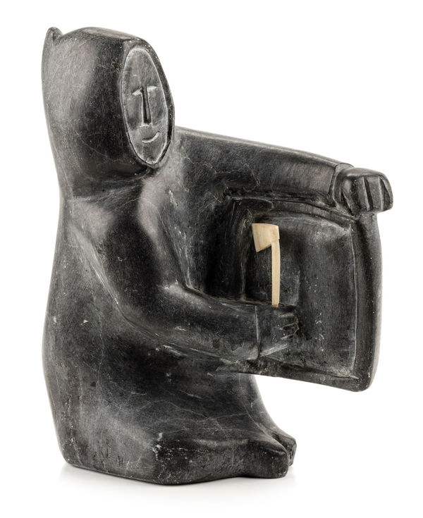 Lot 84 JOHN ATTOK (1906-1980) ARVIAT (ESKIMO POINT) Man Carving a Soap Dish, c. 1965-70 stone and antler, 8 x 6 x 3.5 in (20.3 x 15.2 x 8.9 cm) ESTIMATE: $2,500 — $3,500 PRICE REALIZED: $2,400.00
