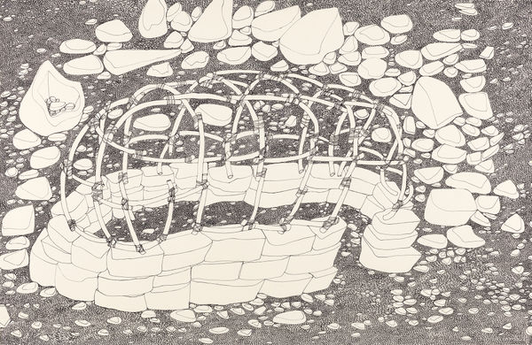 Lot 13 SHUVINAI ASHOONA (1961-) KINNGAIT (CAPE DORSET) Shelter, June 2005 ink on paper, 26 x 40 in (66.1 x 101.6 cm) ESTIMATE: $6,000 — $9,000 PRICE REALIZED: $6,600.00