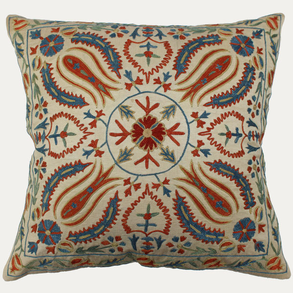 Suzani Hand Embroidered Silk Cushion with Feather & Down Pad