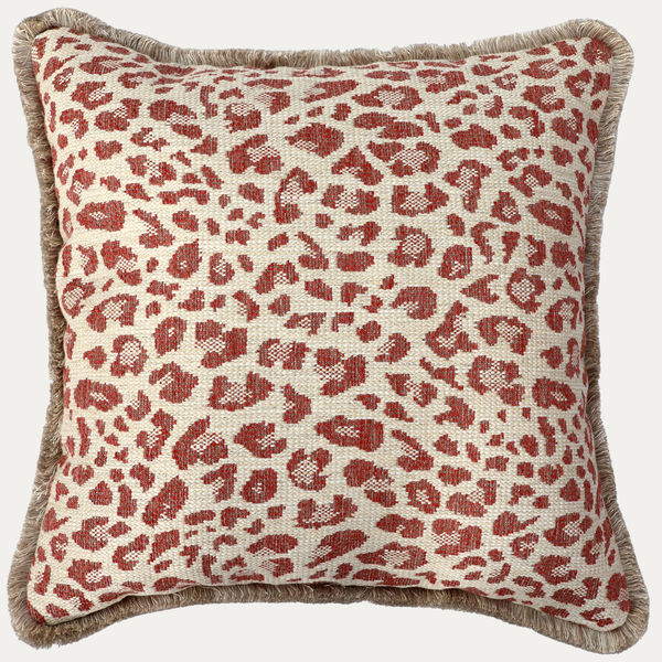 Colefax and Fowler Chester Red Leopard Pattern Cushion with Cut Ruche Trim