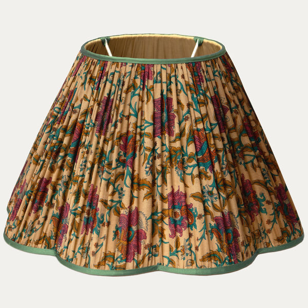 Vintage Floral Silk Saree Scallop Lampshade with Contrast Silk Trim