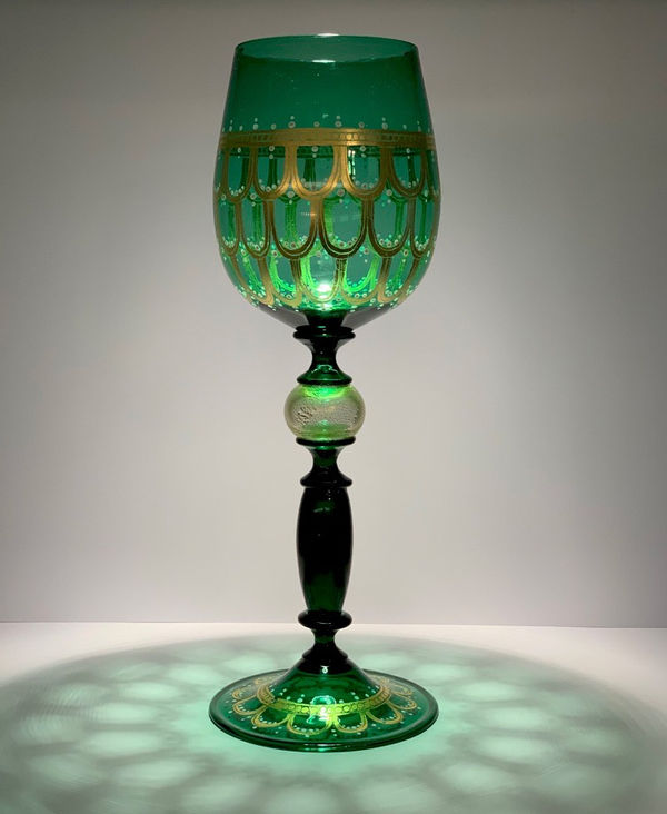 Emerald Green Murano Glass Goblet with Hand Painted Gold Detail, 1940s