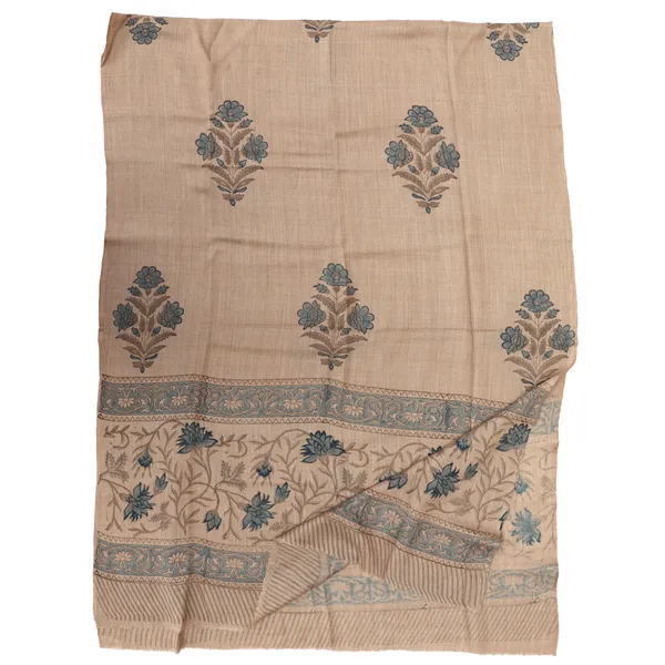 Floren, Fine Kashmir wool blick printed shawl with Moghal florals