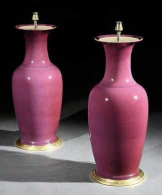 A Fine Pair of Large Scale Chinese Lamps in a Monochromatic Plum Hue