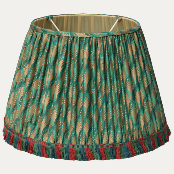 Fortuny Piumette Emerald Gold Handsewn Lampshade with Effile Tricoloure Trim