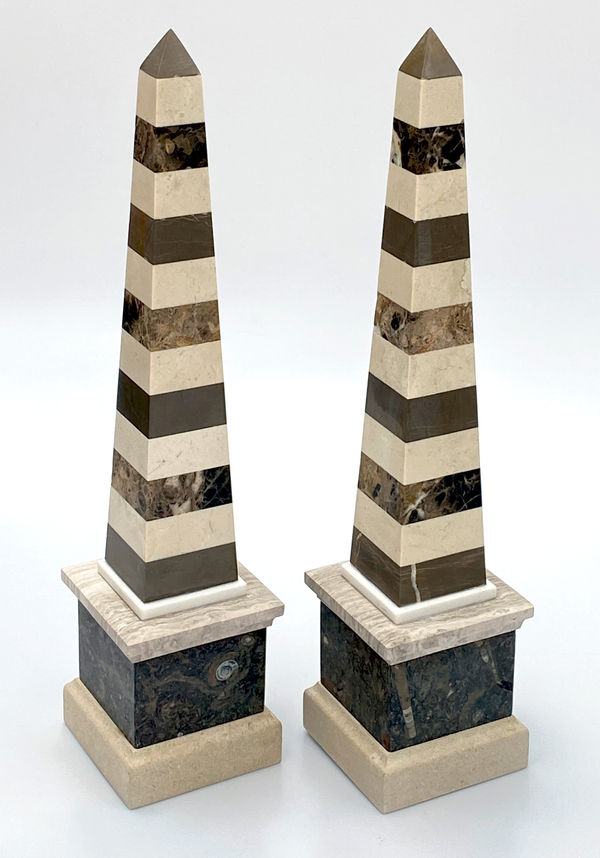 Pair of 21" Classic Marble Obelisks made from Emperador Dark, Armani Brown, Cream Marfil