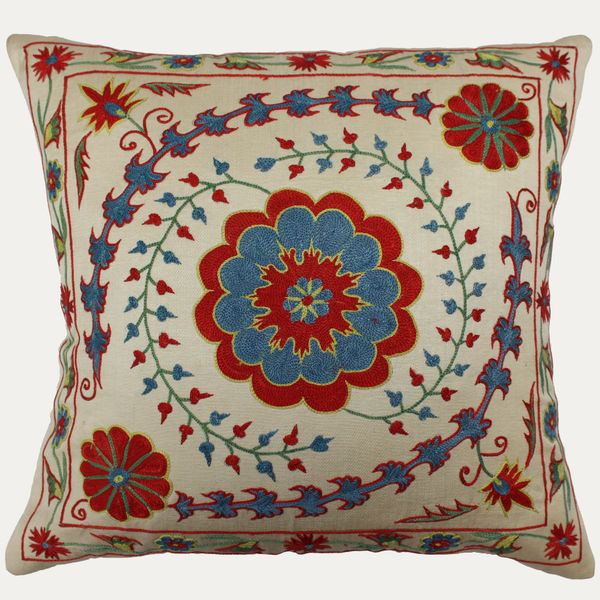 Suzani Hand Embroidered Silk Cushion with Feather & Down Pad