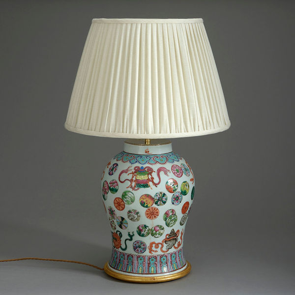 A mid-nineteenth century famille rose porcelain vase of good scale, mounted as a lamp