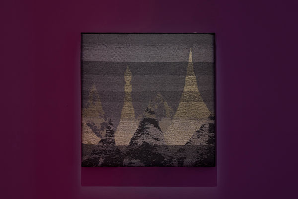 Karlos Gil Stay Gold (SobekCroix), 2023 Computer digital drawing transferred to jacquard loom. Silk, metallic and acrylic yarn. 61 x 61 cm