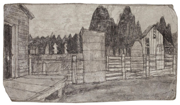 JAMES CASTLE Untitled (farmscape with fence), n.d. Found paper, soot 13 x 22.9 cm 5.1 x 9 in