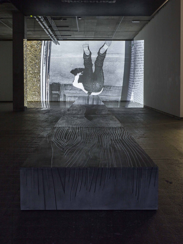 FIONA BANNER AKA THE VANITY PRESS Phantom (SS16), 2015 Graphite, vinyl, birch plywood with high definition digital film 39 x 1540 x 122 cm (runway)