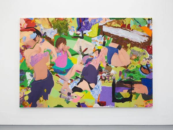 Raphael Brunk "Where our shadows met", 2025 Oil stick and acrylic on latex print 250 x 168 cm 98 1/2 x 66 in Unique