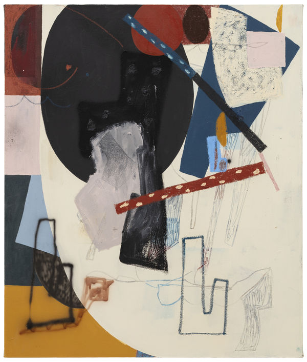 J.P Köykkä Platformer, 2026 Acrylic, graffiti, oil pastel, oil stick, spray paint, bitumen and oil on canvas 100 x 85 cm