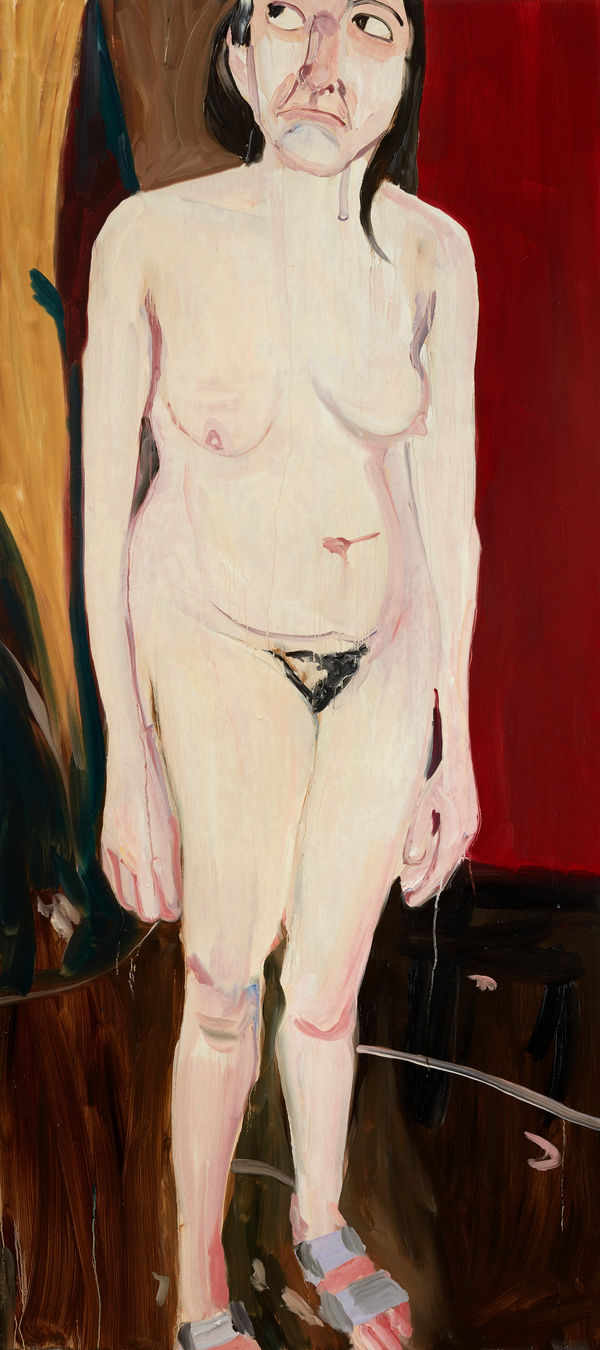 Chantal Joffe Standing Self-Portrait, 2016 Oil on board 79 2/8h x 35 3/8w x 2 2/8d in 201.6h x 90.0w x 6.0d cm