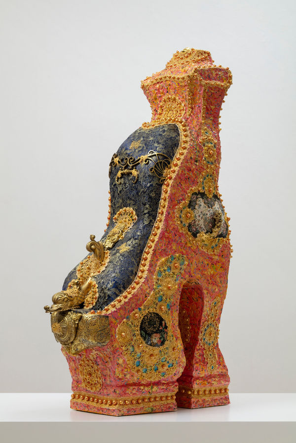 Tapani Kokko Lohikäärmekenkä, 2026 Wood, pearls, glitter, fabric, marker, paint 123h x 74w x 40d cm 48 3/8h x 29 1/8w x 15 3/4d in