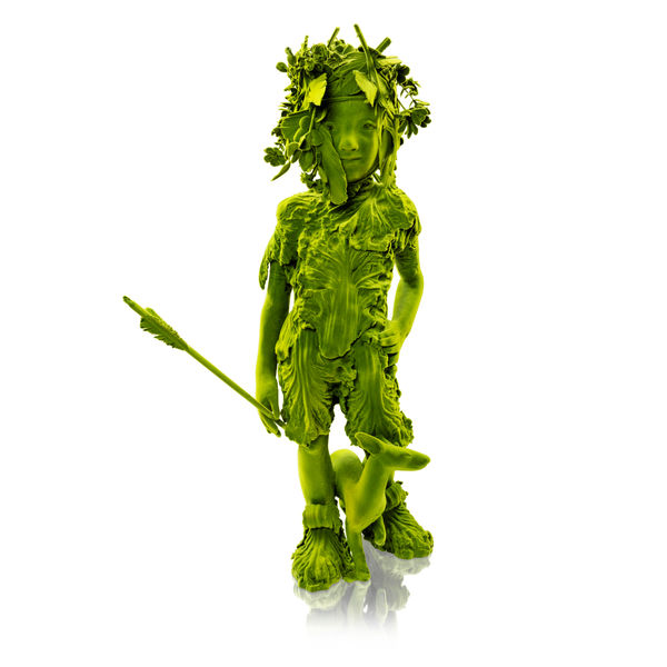 Kim Simonsson Mossgirl With Marten, 2025 ceramics, nylon fibre, epoxy paint, turkey feathers, artificial plants 35 3/8h x 13 6/8w x 13 6/8d in 90.0h x 35.0w x 35.0d cm