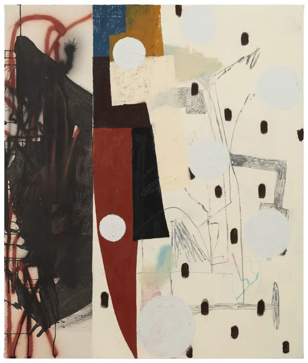 J.P Köykkä Wind on both side of the tracks, 2026 Acrylic, ink, colored pencil, graphite, oil pastel, oil stick and oil on canvas 100 x 85 cm 39 3/8 x 33 1/2 in