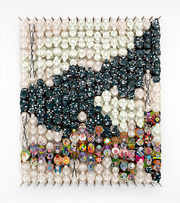 Jacob Hashimoto The Unspooling, 2024 Acrylic, paper, bamboo, wood and Dacron 72 1/8h x 59 6/8w x 8 2/8d in 183.0h x 152.0w x 21.0d cm