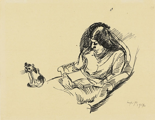 Hermann Max Pechstein Lesende Lotte mit Katze , 1917 Rohrfederzeichnung 34 x 43 cm