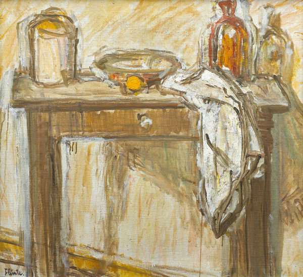 Fritz Flinte, Stillleben mit Flaschen und Tuch, um 1935