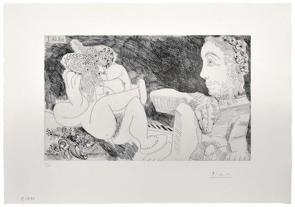 Pablo Picasso, Au jardin: odalisque en pantoufles au chapeau, avec des fleurs, et spectateur ingresque (Suite 347), 1968
