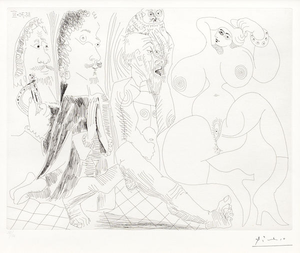 Pablo Picasso, Mousquetaire, abbé en prière, vieillard à la chouette et odalisque: Méduse, vierge ou simple femme?, 1970