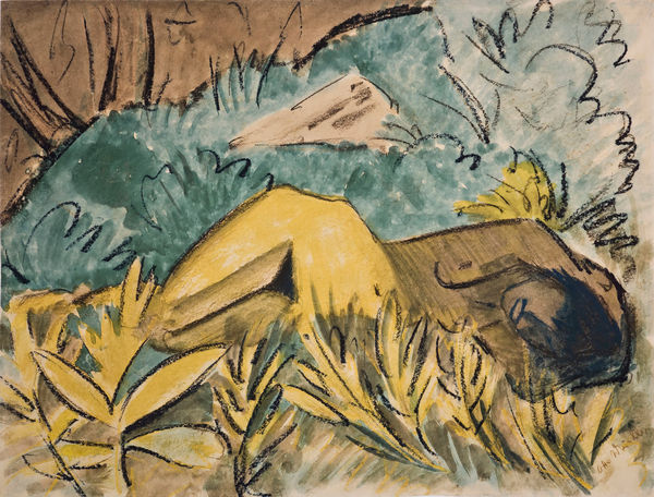 OTTO MUELLER Liegendes Mädchen am Waldrand, ca. 1926 Watercolor and colored chalk on handmade paper 52 x 67,7 cm 20 1/2 x 26 3/8 in