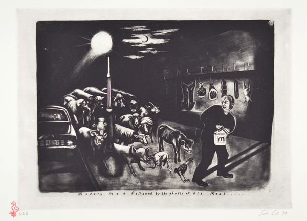 Modern Man Followed by the Ghosts of His Meat, 1990 Photo-etching on white heavyweight Rives paper 10 1/2 x 14 in (26.7 x 35.6 cm) Edition of 1074 plus 20 artist's proofs Series: Porkopolis