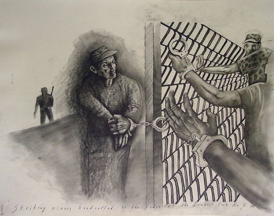 Striking Miners Handcuffed to the Fence