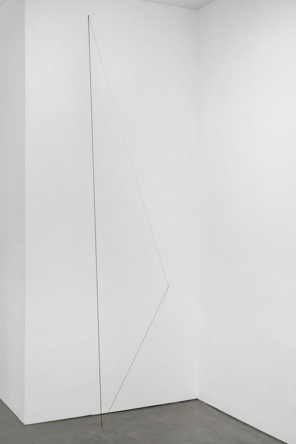 Fred Sandback Untitled (Triangle), 1992 Gray, beige, and white acrylic yarn 370.8 x 170.2 x 27.9 cm 146 x 67 x 11 in