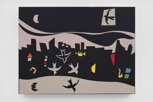 Julian Irlinger Untitled (five birds), 2025 Paper cut-out mounted on wood 30 x 40 x 3.7 cm 11 3/4 x 15 3/4 x 1 1/2 in