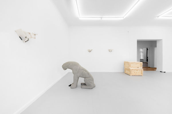 Maria Loboda Her Artillery, 2013 Porespan lion coated grey concrete, black leather gloves 122 x 72 x 156 cm 48 x 28 3/8 x 61 3/8 in Edition of 3 plus 1 artist's proof