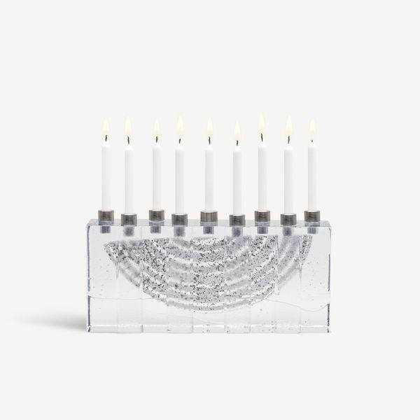 ljusstake, massivt glas, vit, 9 st ljus, silver