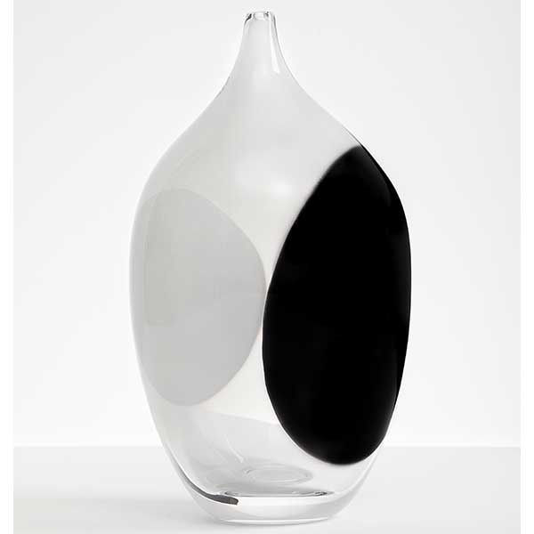 Glasverk, oval, liten hals, svart, vit